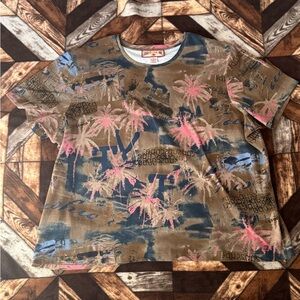 Caribbean Joe Short Sleeve Tee in Brown, Pink & Blue Palm Print